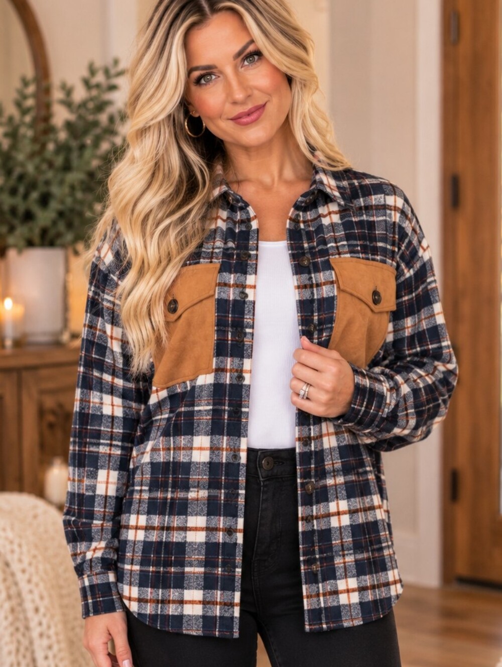 ❤️5/$25 Navy Plaid Shacket Suede Chest Pockets LAST ONE 🔥 Size S